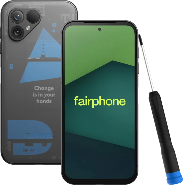 Fairphone 5 akıllı telefon ve tornavida