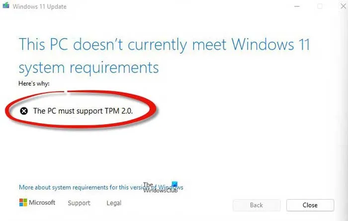 Windows 11 kurulum ekranı: Bu bilgisayar TPM 2.0 desteklemelidir hatası